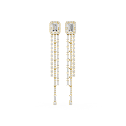 Emerald-Cut Halo Tassel Earrings with Gold & Diamond Baguette Fringe : 4.25CTW