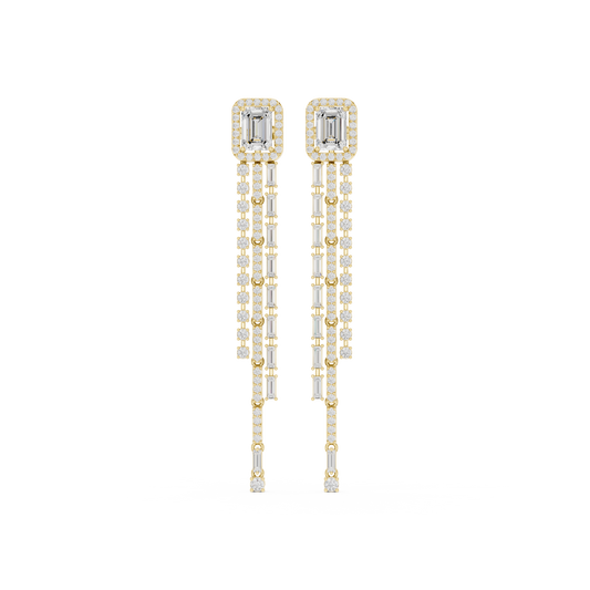 Emerald-Cut Halo Tassel Earrings with Gold & Diamond Baguette Fringe : 4.25CTW