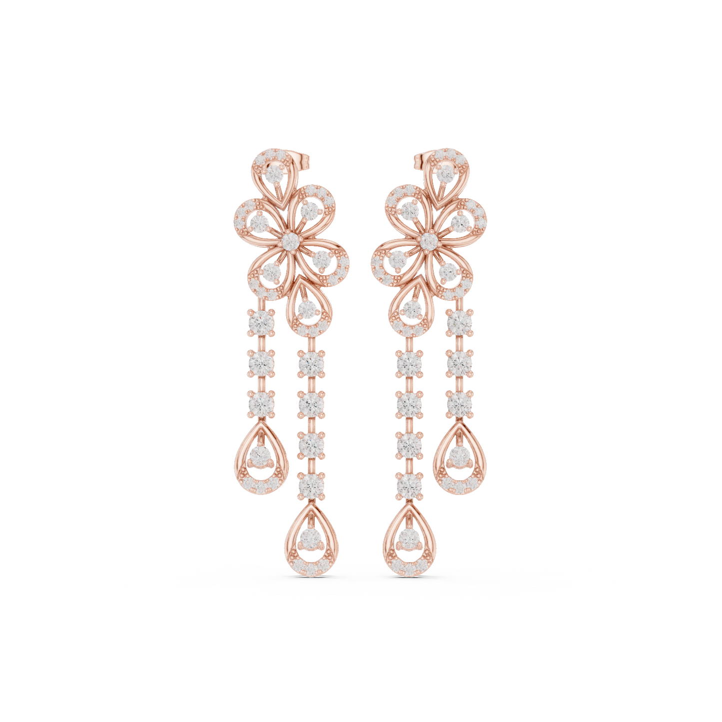 Floral Cascade Diamond Drop Earrings in Yellow Gold : 2.59ct Round Brilliant Cut