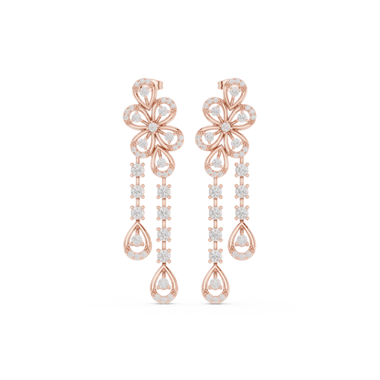 Floral Cascade Diamond Drop Earrings in Yellow Gold : 2.59ct Round Brilliant Cut