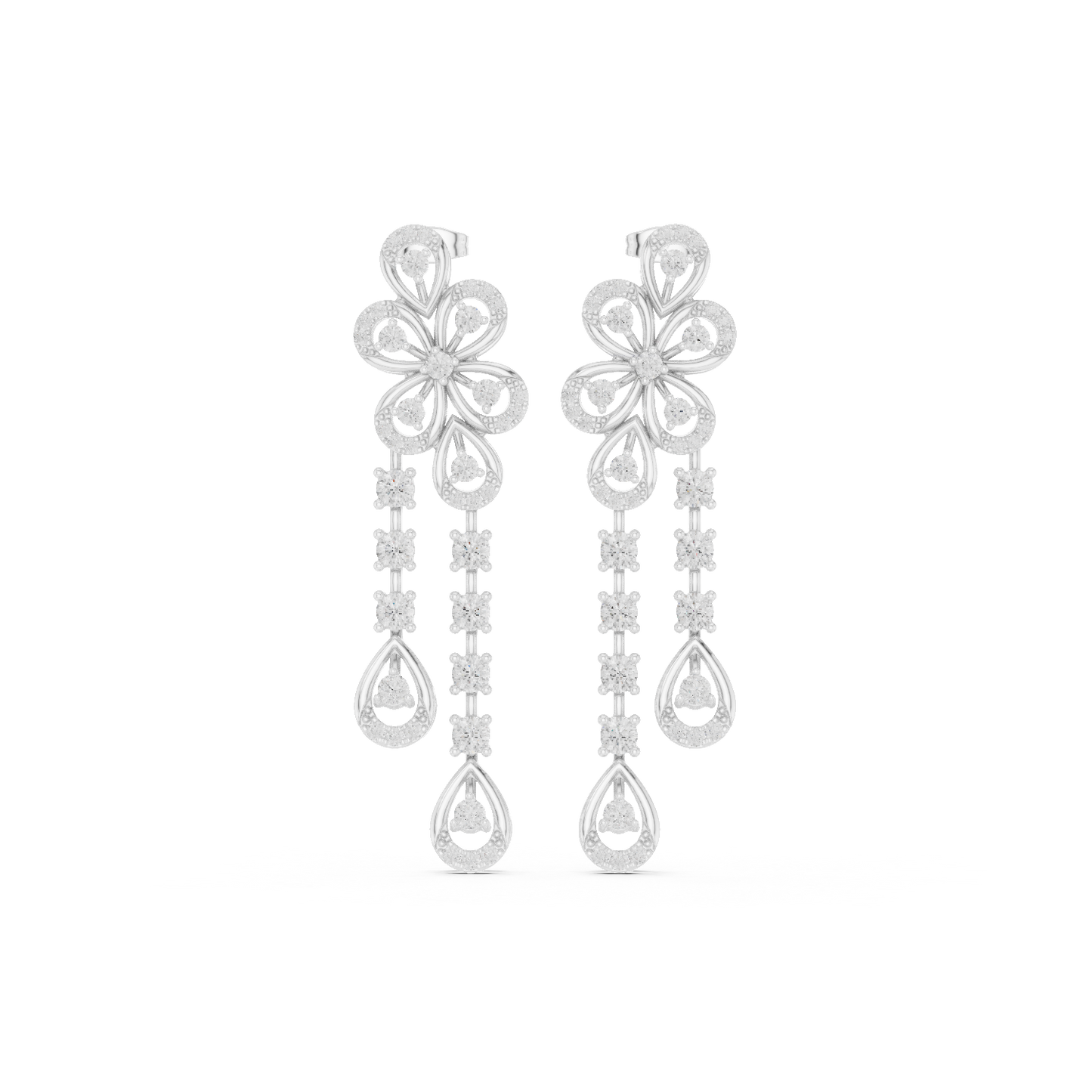 Floral Cascade Diamond Drop Earrings in Yellow Gold : 2.59ct Round Brilliant Cut
