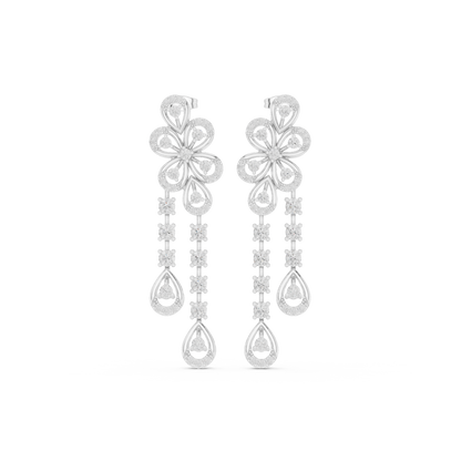 Floral Cascade Diamond Drop Earrings in Yellow Gold : 2.59ct Round Brilliant Cut