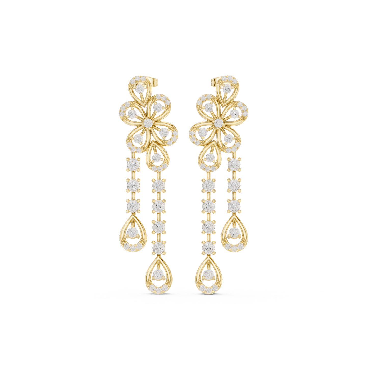 Floral Cascade Diamond Drop Earrings in Yellow Gold : 2.59ct Round Brilliant Cut