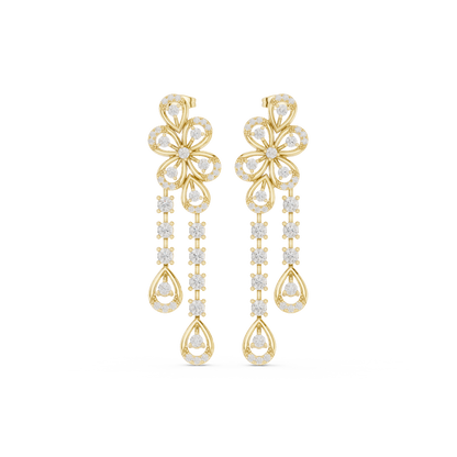 Floral Cascade Diamond Drop Earrings in Yellow Gold : 2.59ct Round Brilliant Cut