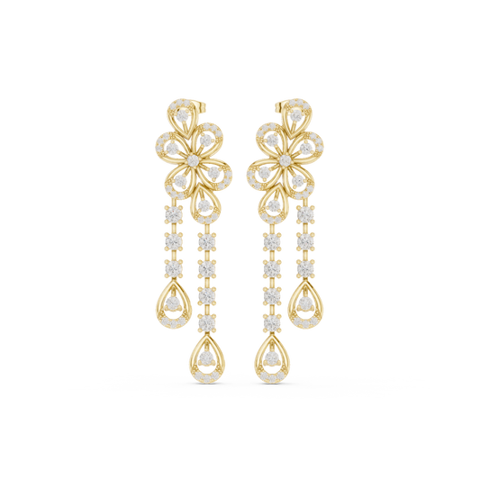 Floral Cascade Diamond Drop Earrings in Yellow Gold : 2.59ct Round Brilliant Cut