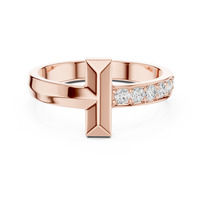 Yellow Gold T-Motif Diamond Ring 0.21ct Geometric Statement Band