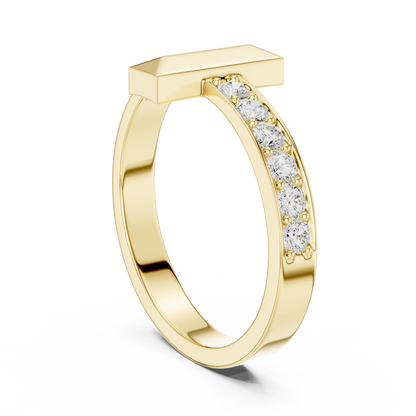 Yellow Gold T-Motif Diamond Ring 0.21ct Geometric Statement Band