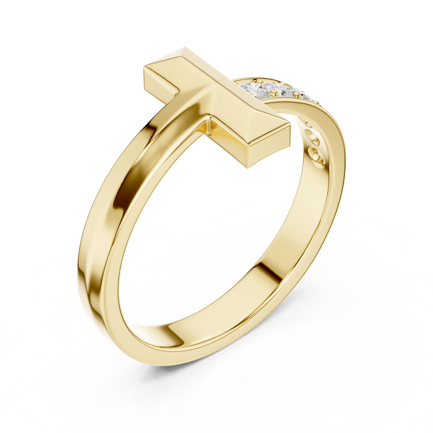 Yellow Gold T-Motif Diamond Ring 0.21ct Geometric Statement Band