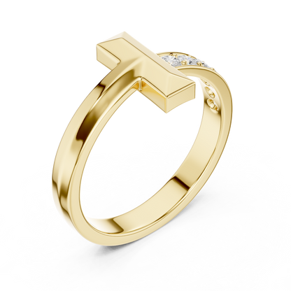 Yellow Gold T-Motif Diamond Ring 0.21ct Geometric Statement Band