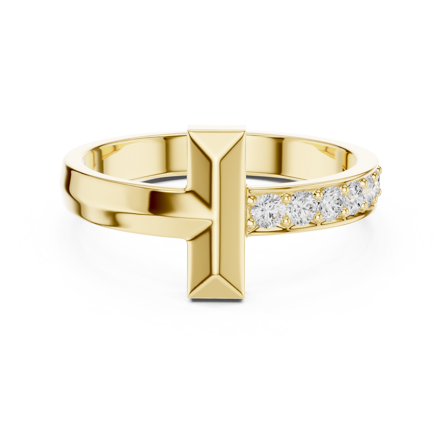 Yellow Gold T-Motif Diamond Ring 0.21ct Geometric Statement Band