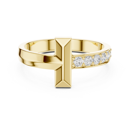 Yellow Gold T-Motif Diamond Ring 0.21ct Geometric Statement Band