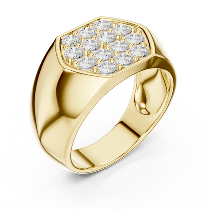 0.91ct Men's Hexagonal Diamond Cluster Signet Ring in Yellow Gold