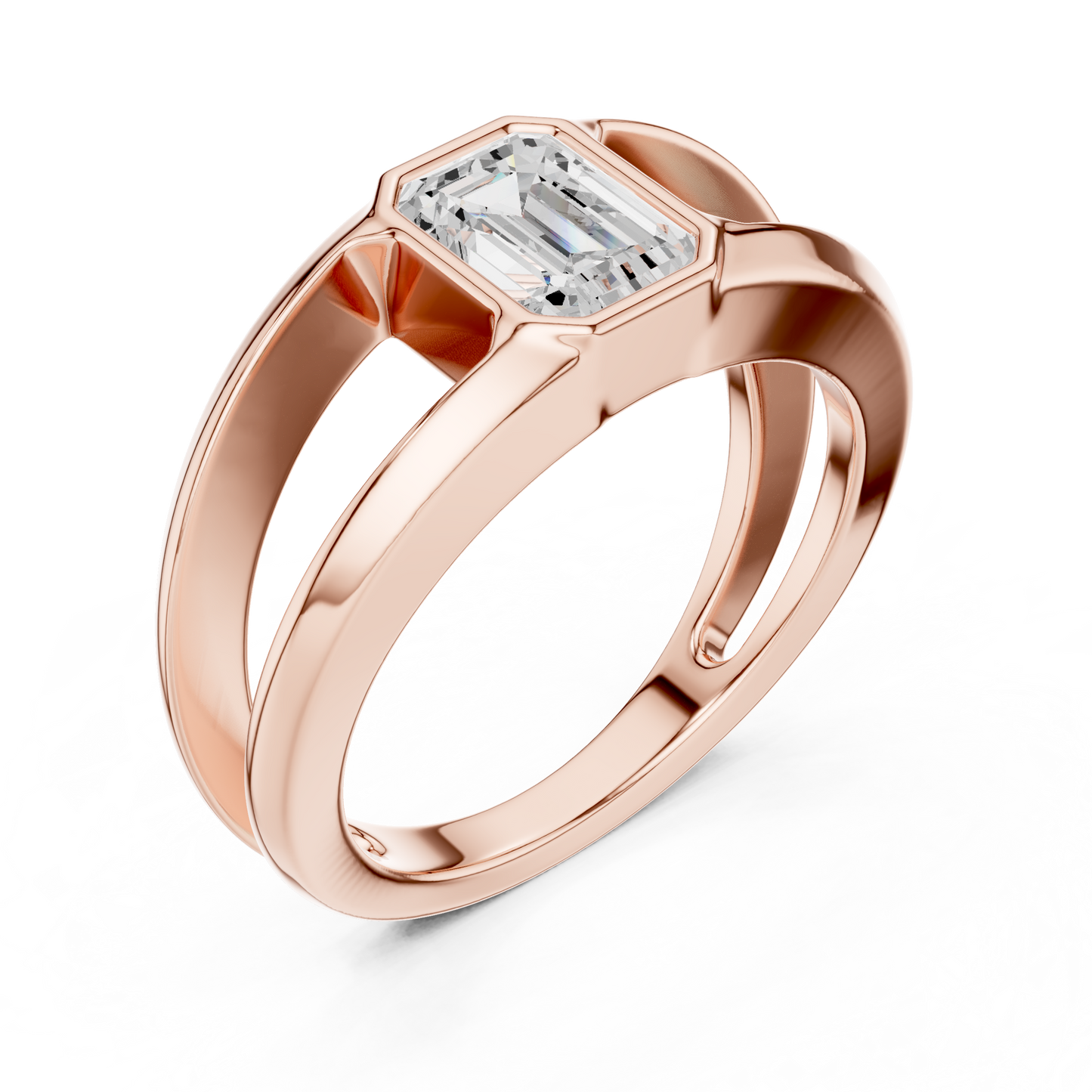 1ct Modern Emerald-Cut Diamond Split-Shank Bezel Ring in Yellow Gold