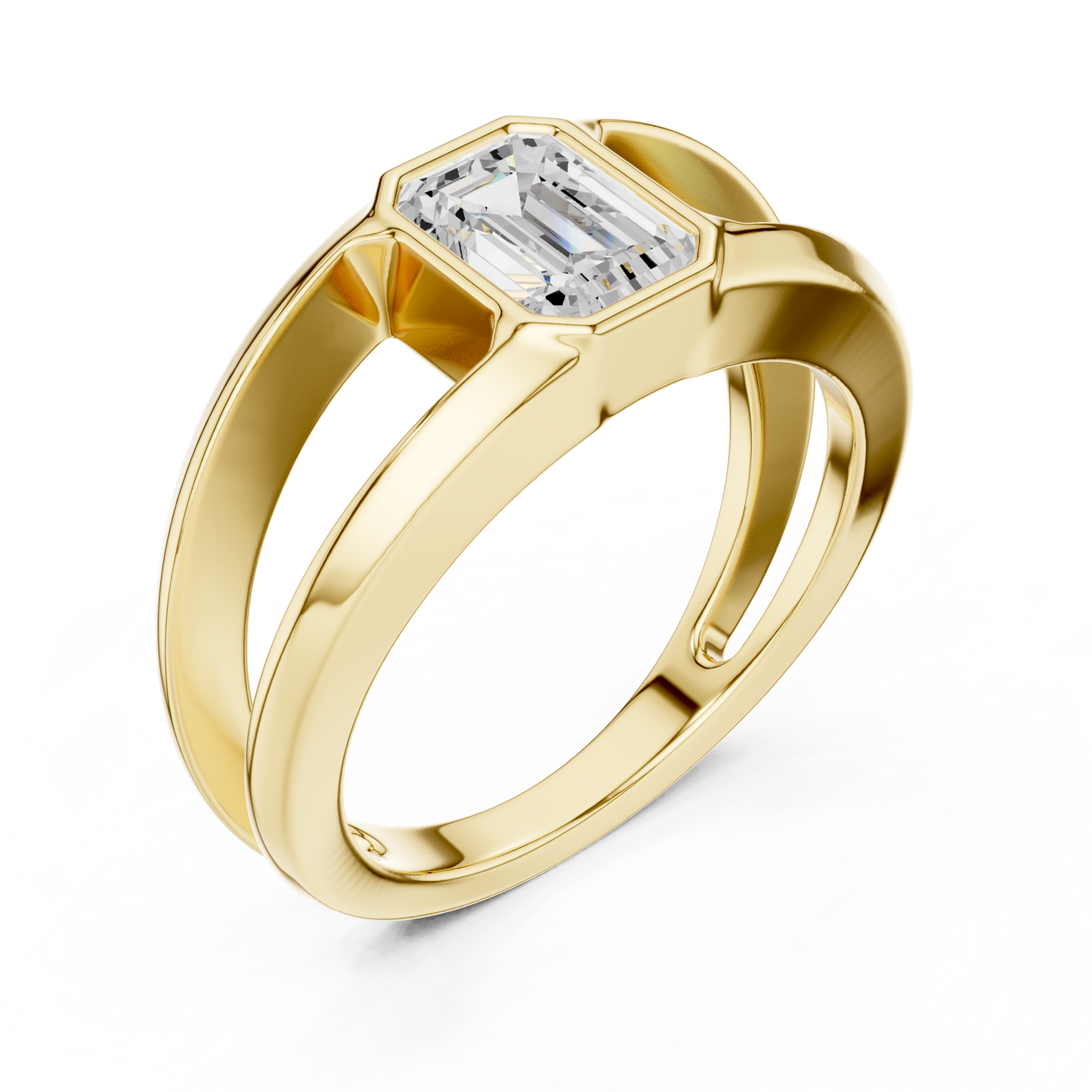1ct Modern Emerald-Cut Diamond Split-Shank Bezel Ring in Yellow Gold