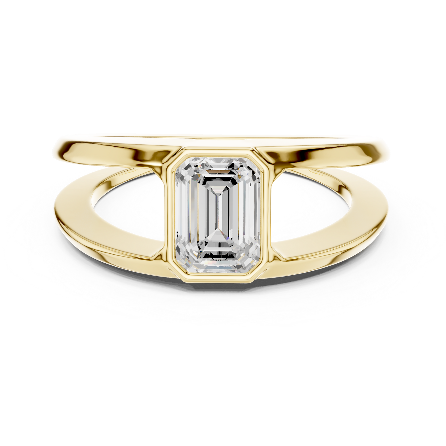 1ct Modern Emerald-Cut Diamond Split-Shank Bezel Ring in Yellow Gold