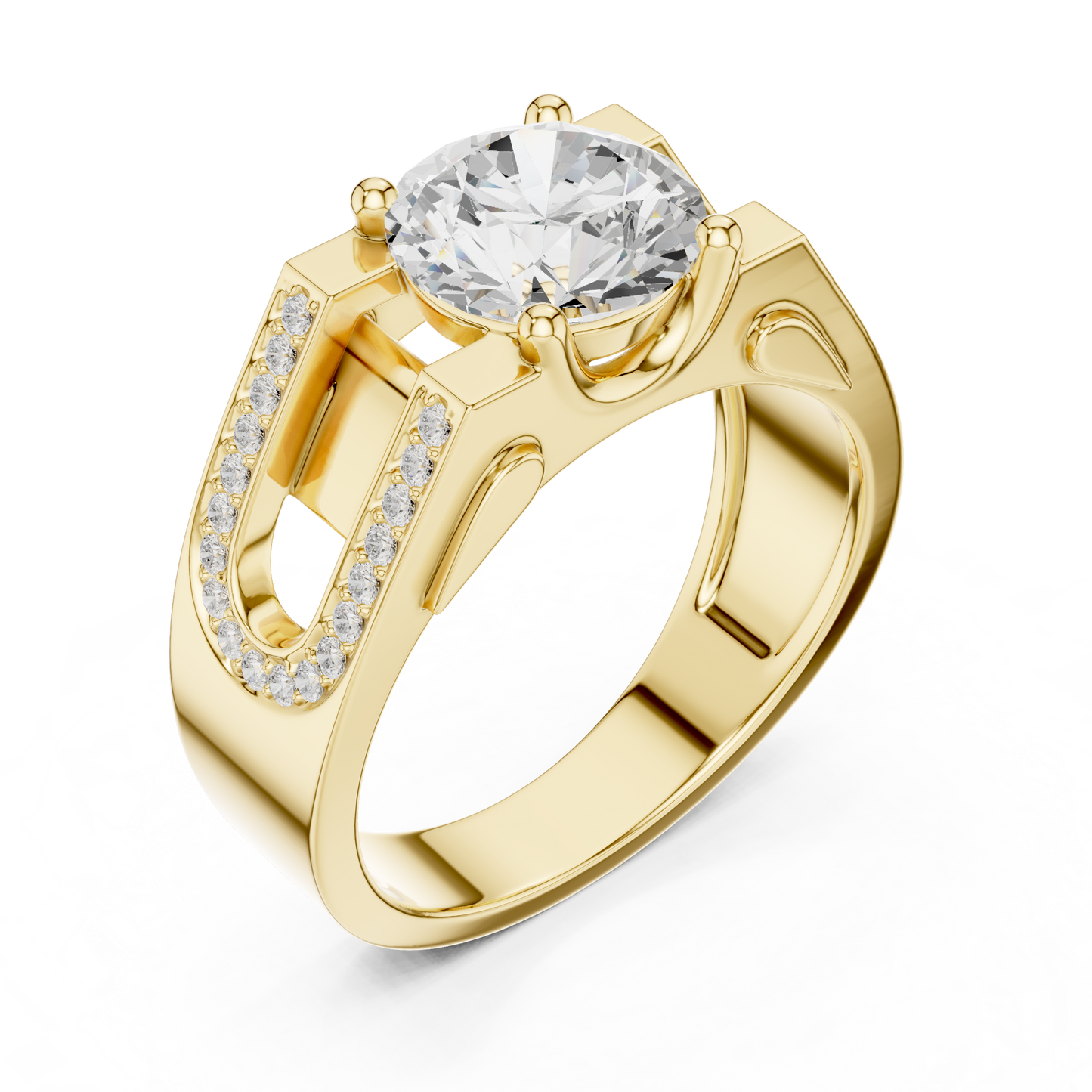 1.69ct Bold Architectural Men's Round Diamond Solitaire Ring in Yellow Gold