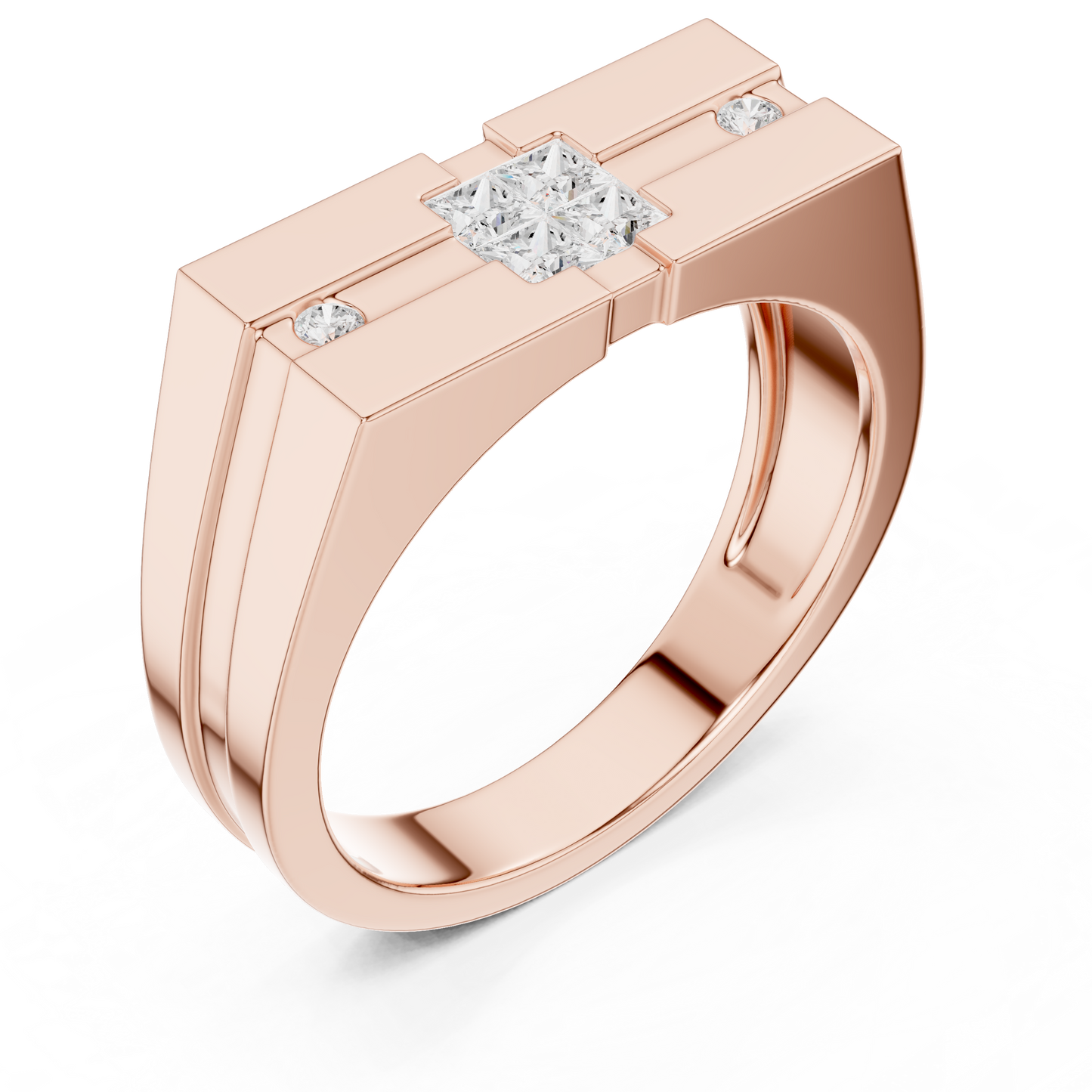0.22ct Men's Modern Geometric Princess-Cut and Round Diamond Signet Ring in Yellow Gold