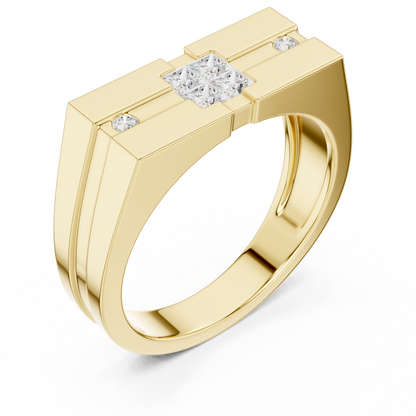 0.22ct Men's Modern Geometric Princess-Cut and Round Diamond Signet Ring in Yellow Gold