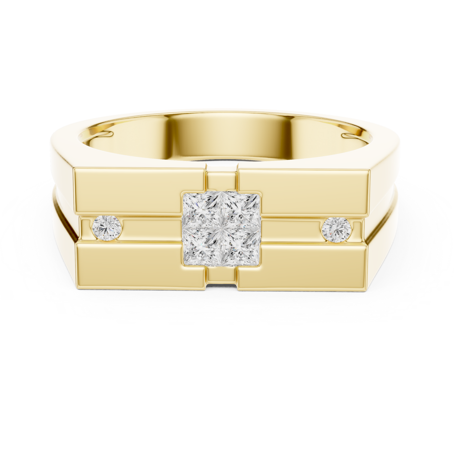 0.22ct Men's Modern Geometric Princess-Cut and Round Diamond Signet Ring in Yellow Gold