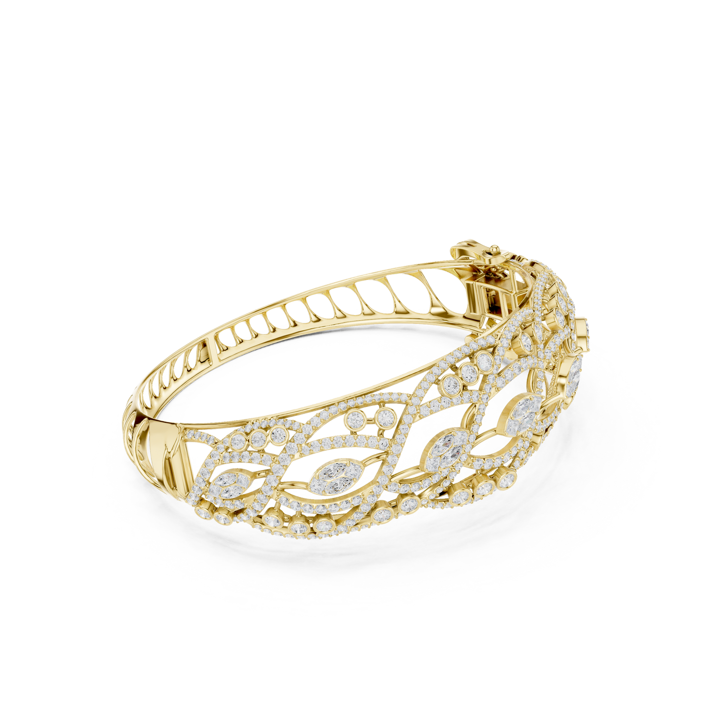 4.72CTW Marquise & Round Diamond Woven Filigree Gold Bangle Bracelet