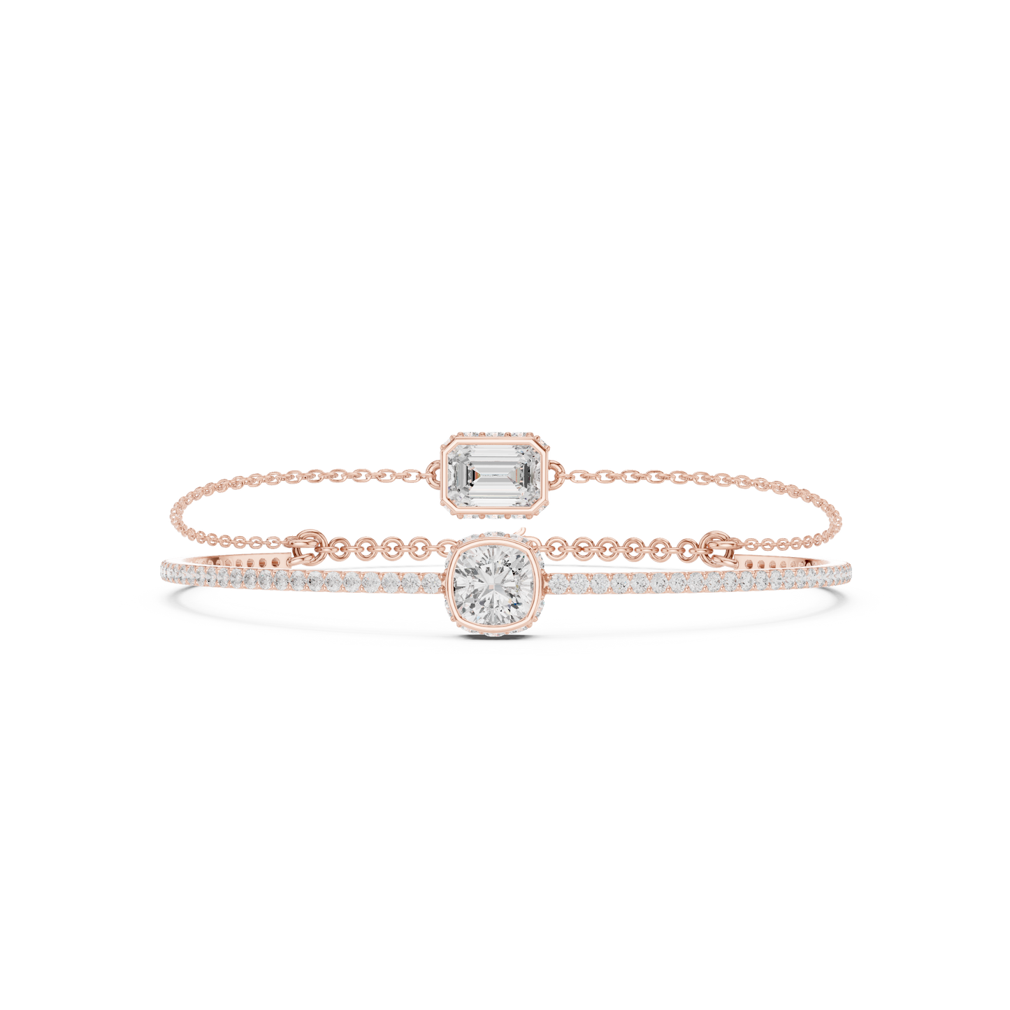 4.22CTW Emerald & Cushion Cut Diamond Layered Bracelet Set - Yellow Gold