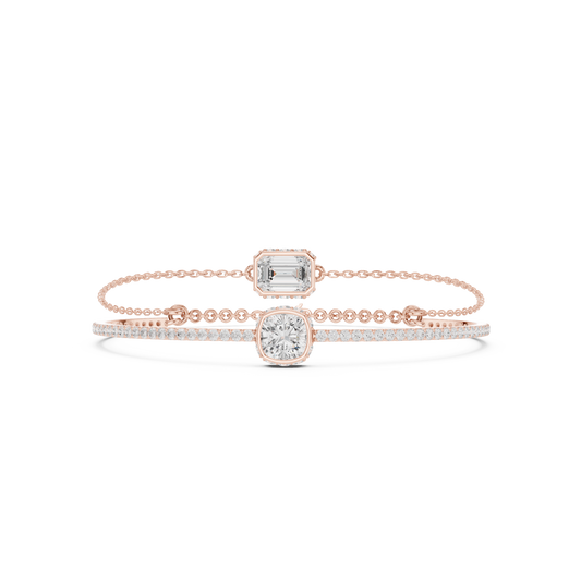 4.22CTW Emerald & Cushion Cut Diamond Layered Bracelet Set - Yellow Gold