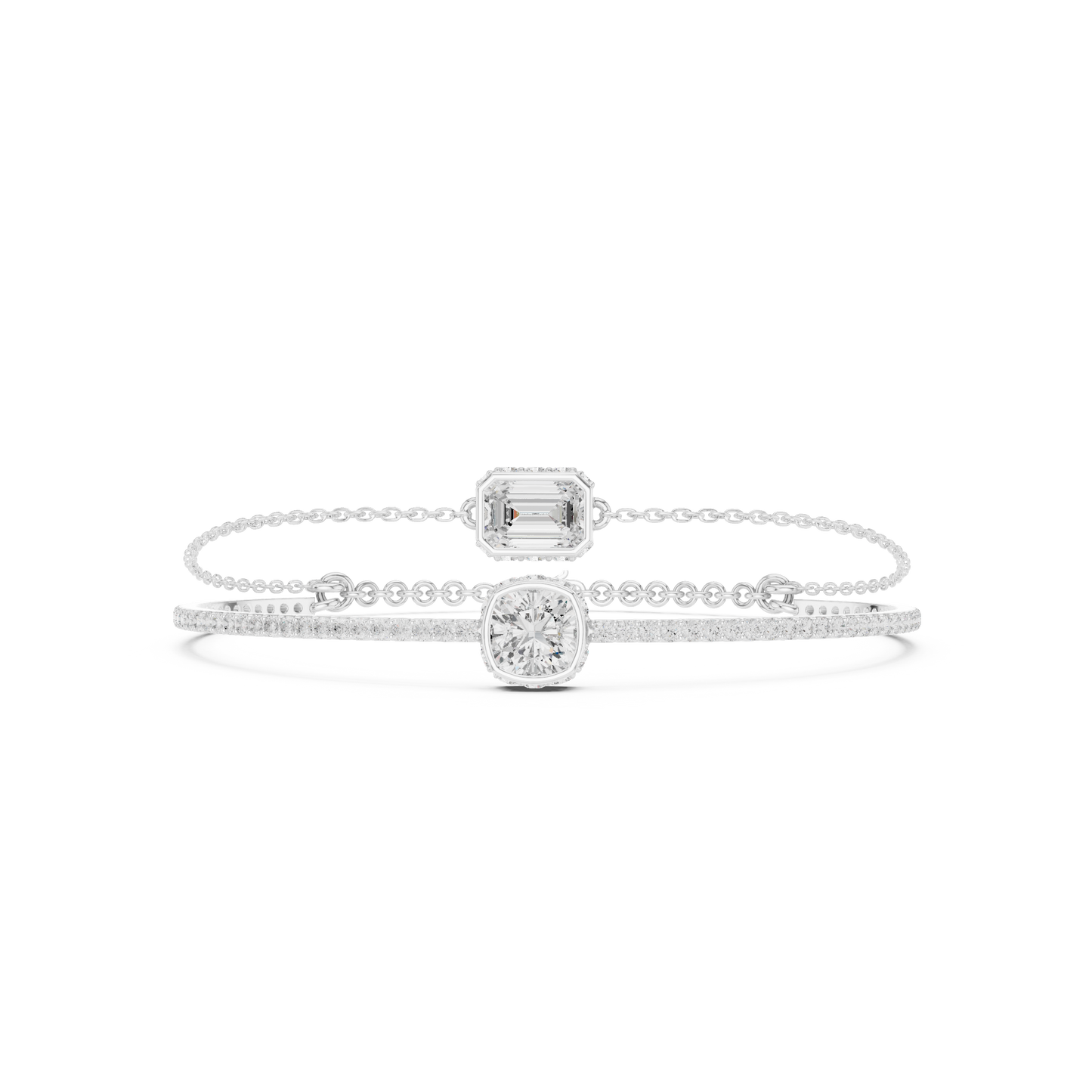 4.22CTW Emerald & Cushion Cut Diamond Layered Bracelet Set - Yellow Gold