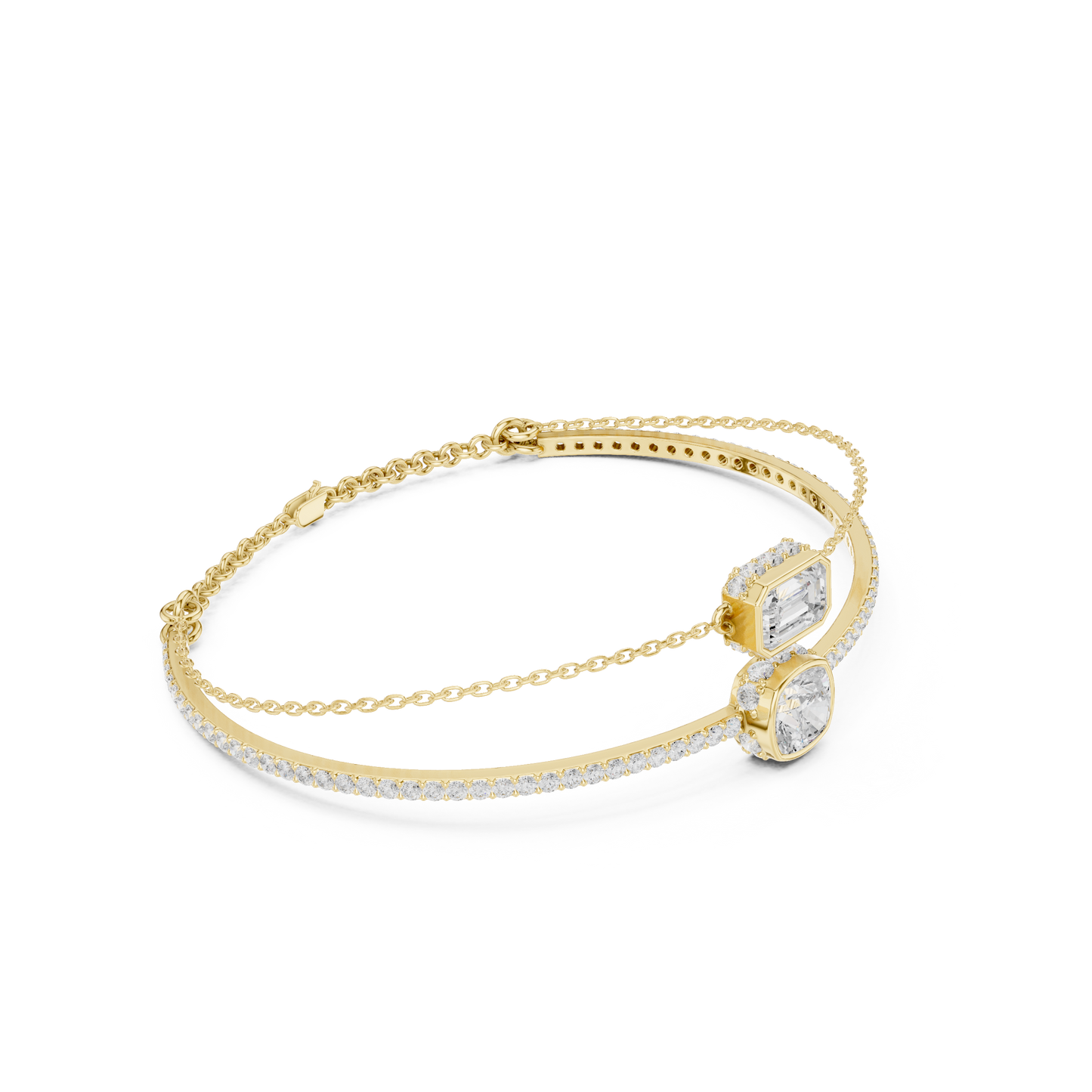 4.22CTW Emerald & Cushion Cut Diamond Layered Bracelet Set - Yellow Gold