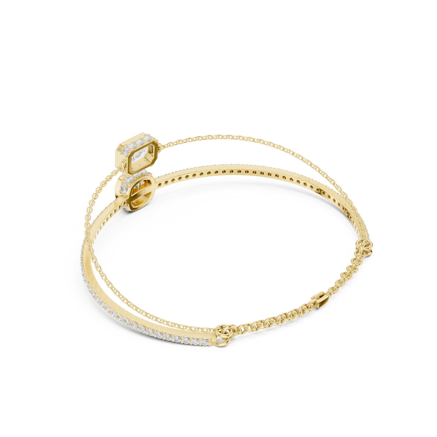 4.22CTW Emerald & Cushion Cut Diamond Layered Bracelet Set - Yellow Gold
