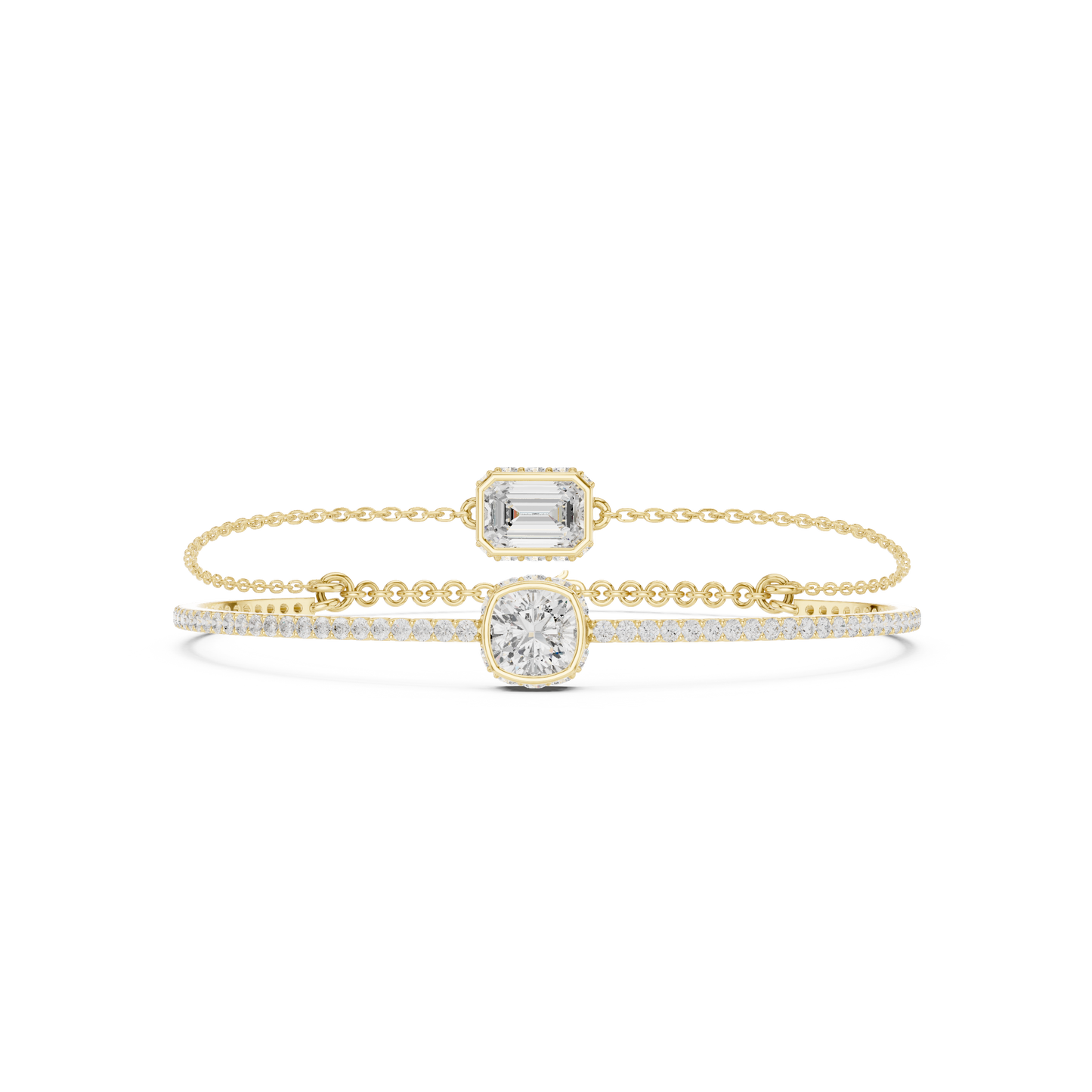4.22CTW Emerald & Cushion Cut Diamond Layered Bracelet Set - Yellow Gold
