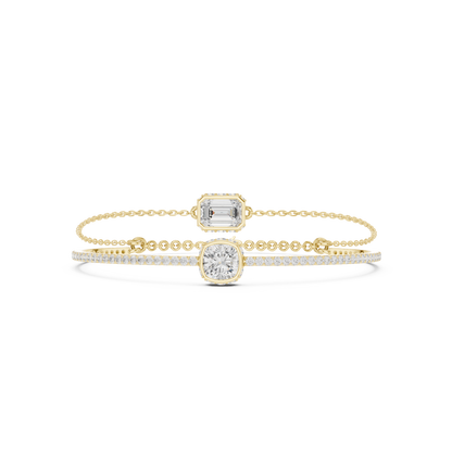 4.22CTW Emerald & Cushion Cut Diamond Layered Bracelet Set - Yellow Gold