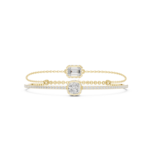 4.22CTW Emerald & Cushion Cut Diamond Layered Bracelet Set - Yellow Gold