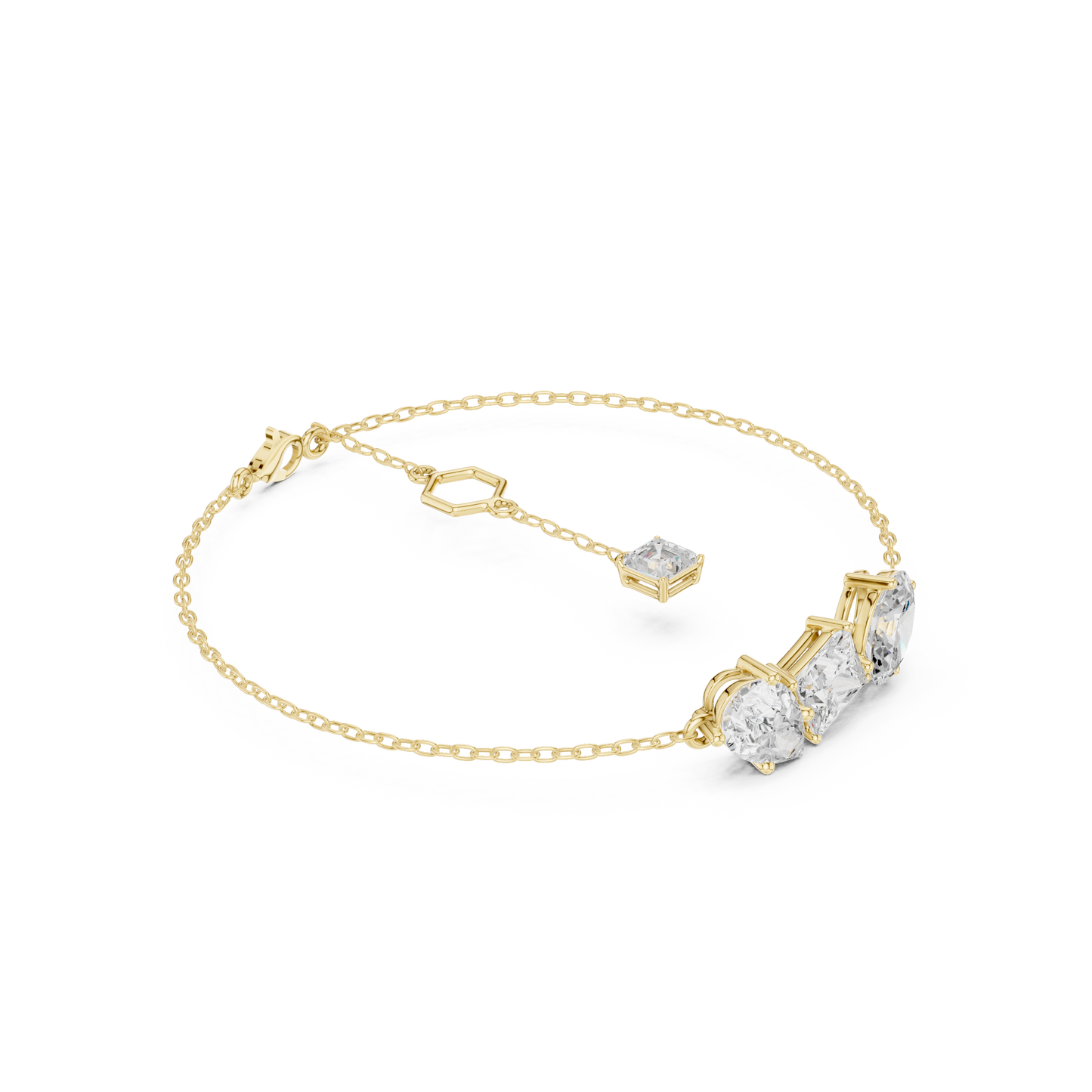 3.60CTW Mixed Shape Diamond Trio Chain Bracelet with Charm - Yellow Gold
