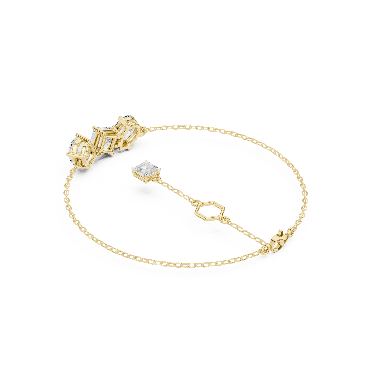 3.60CTW Mixed Shape Diamond Trio Chain Bracelet with Charm - Yellow Gold