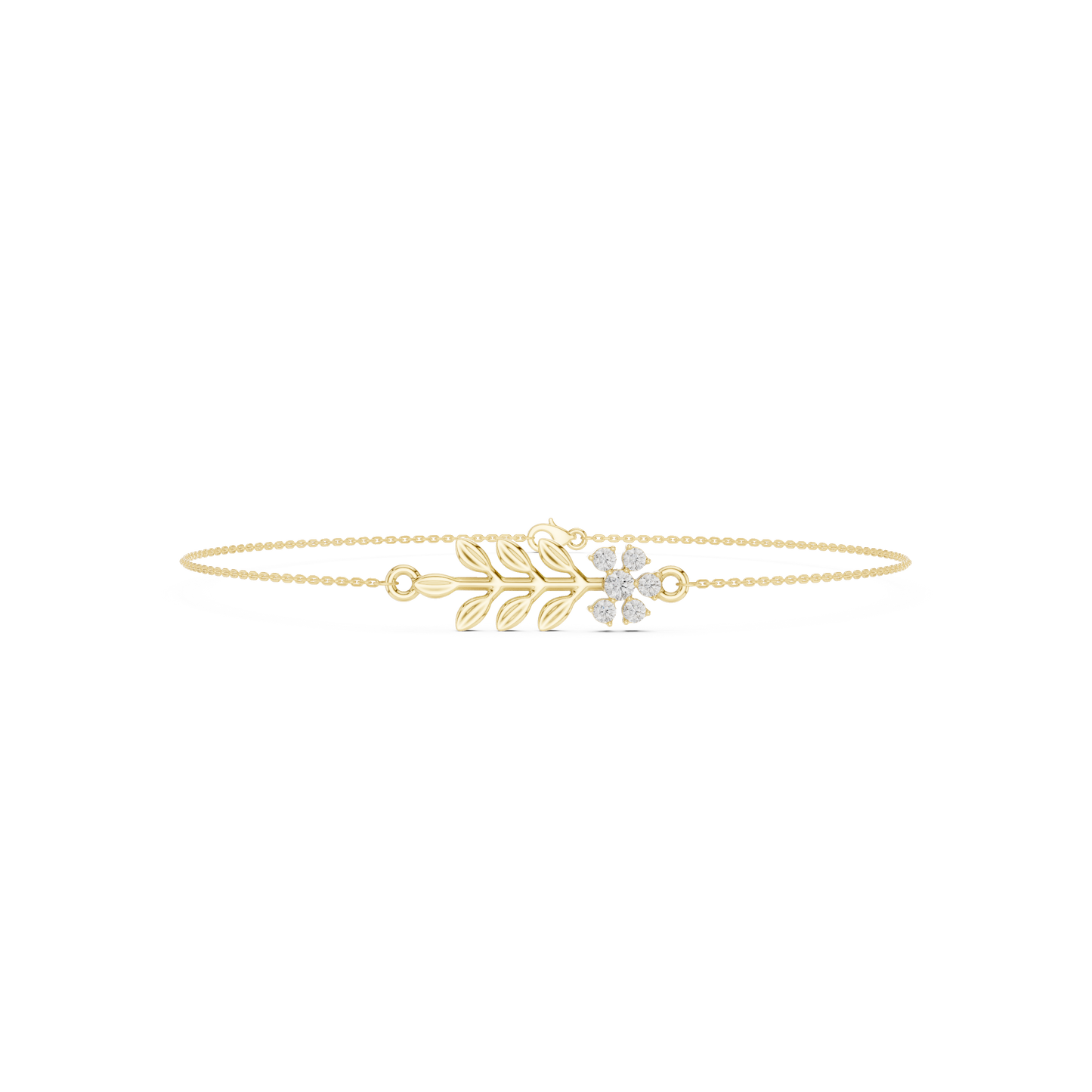 0.11CTW Diamond Flower & Leaf Branch Gold Chain Bracelet