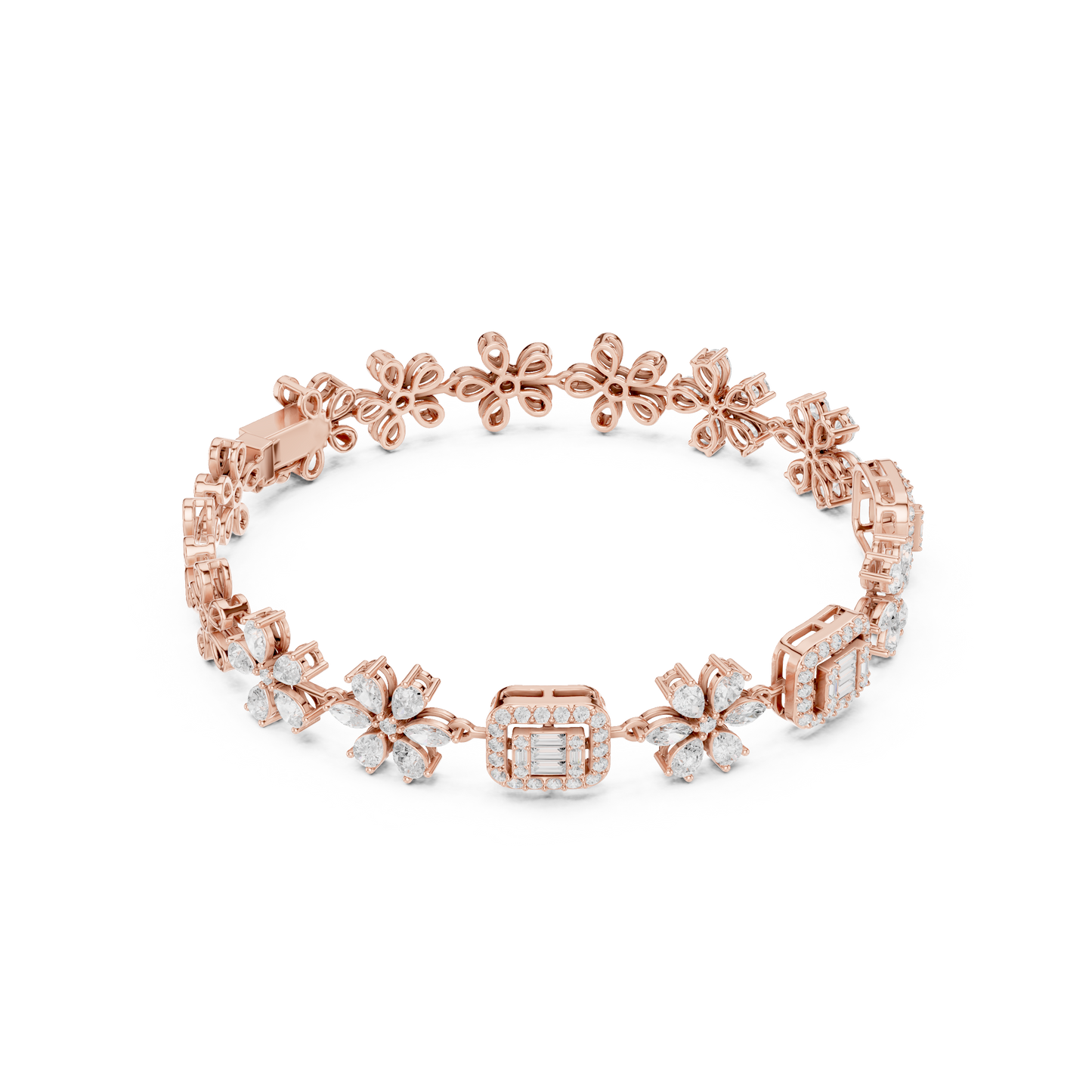 3.83CTW Baguette & Marquise Diamond Floral Link Bracelet - Yellow Gold