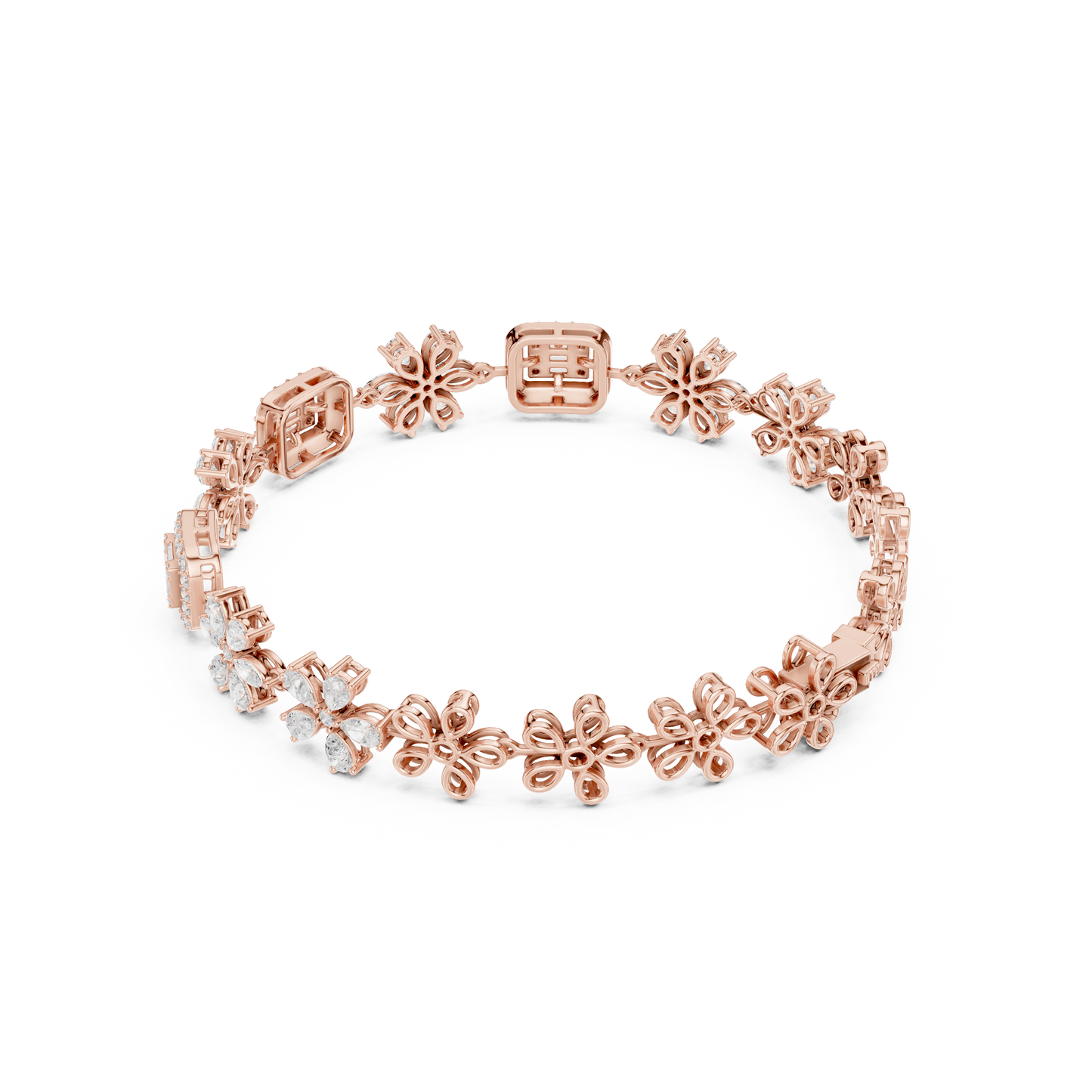 3.83CTW Baguette & Marquise Diamond Floral Link Bracelet - Yellow Gold