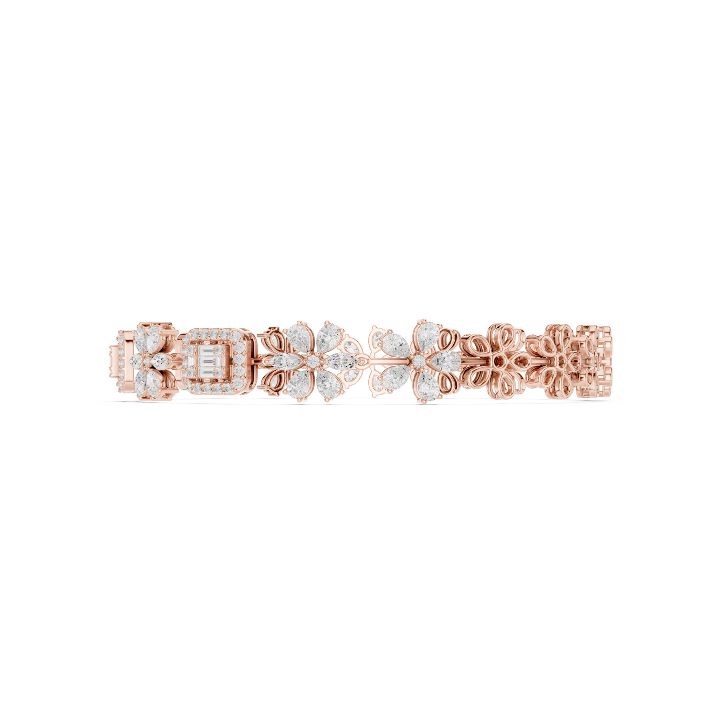 3.83CTW Baguette & Marquise Diamond Floral Link Bracelet - Yellow Gold