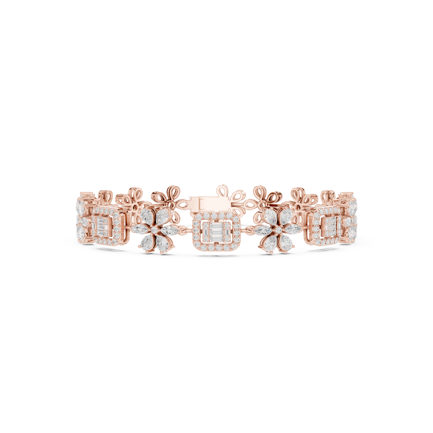 3.83CTW Baguette & Marquise Diamond Floral Link Bracelet - Yellow Gold