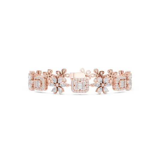 3.83CTW Baguette & Marquise Diamond Floral Link Bracelet - Yellow Gold