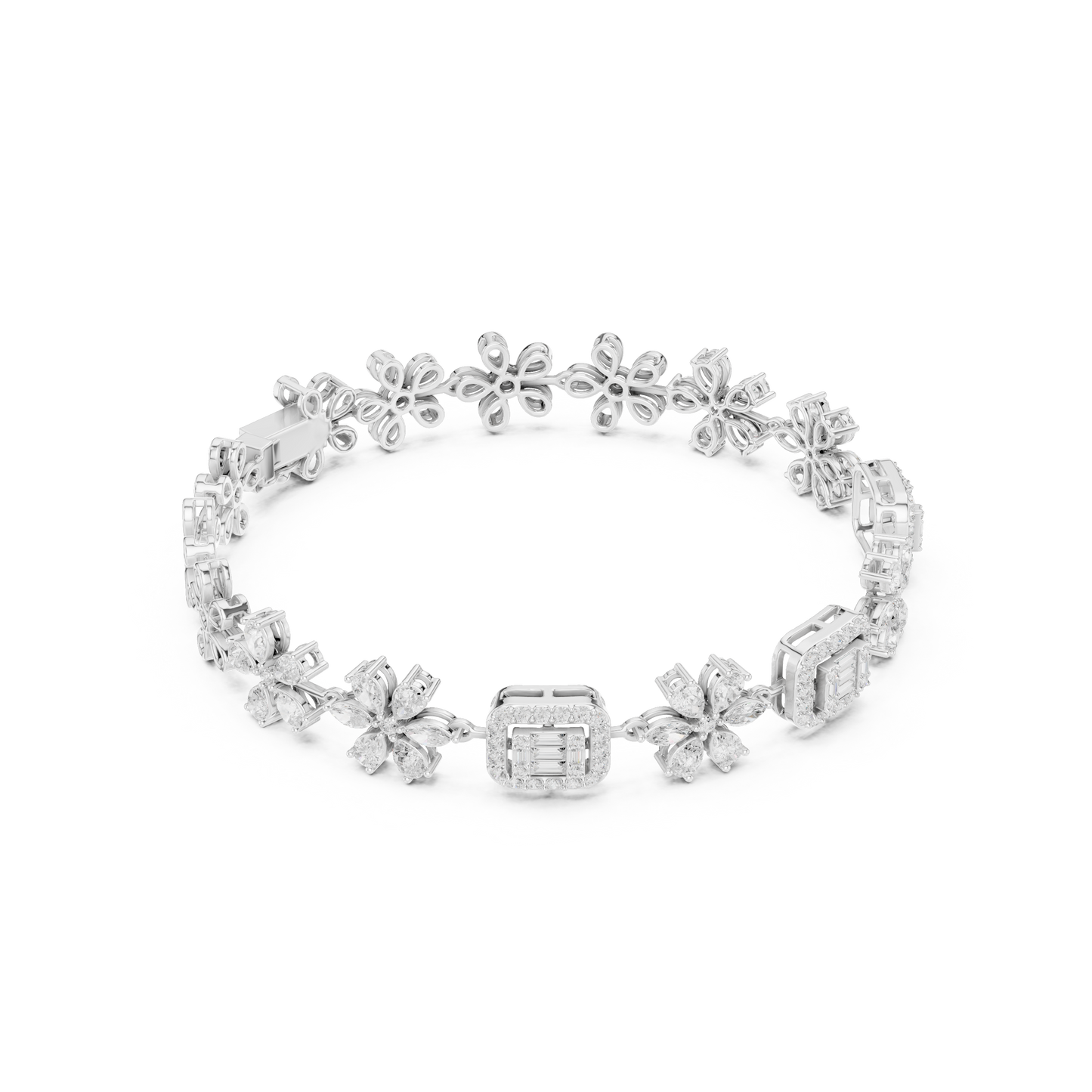 3.83CTW Baguette & Marquise Diamond Floral Link Bracelet - Yellow Gold