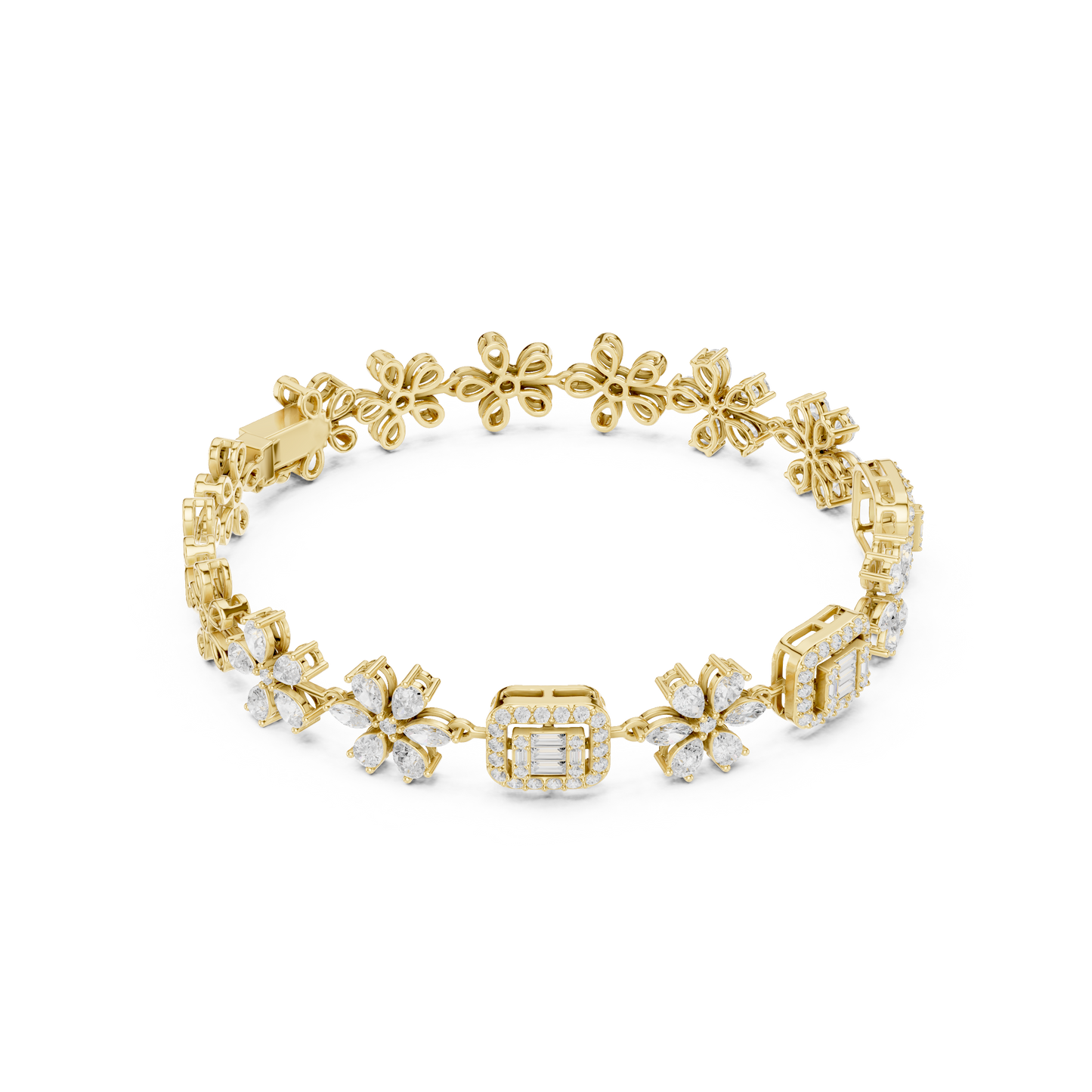 3.83CTW Baguette & Marquise Diamond Floral Link Bracelet - Yellow Gold