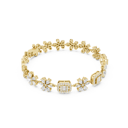3.83CTW Baguette & Marquise Diamond Floral Link Bracelet - Yellow Gold