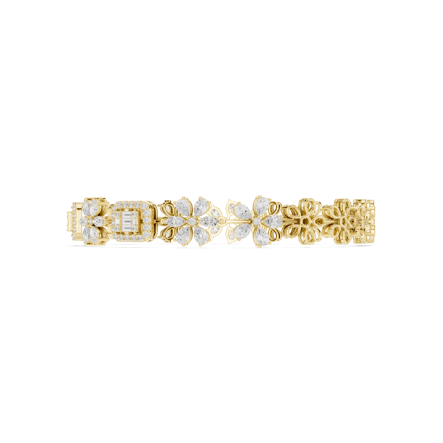 3.83CTW Baguette & Marquise Diamond Floral Link Bracelet - Yellow Gold