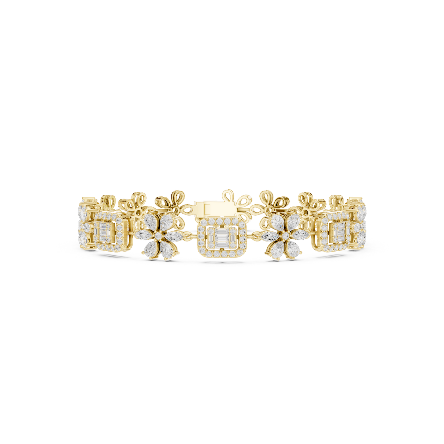 3.83CTW Baguette & Marquise Diamond Floral Link Bracelet - Yellow Gold
