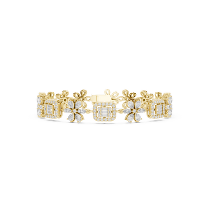 3.83CTW Baguette & Marquise Diamond Floral Link Bracelet - Yellow Gold