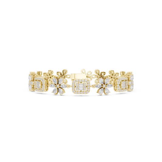 3.83CTW Baguette & Marquise Diamond Floral Link Bracelet - Yellow Gold