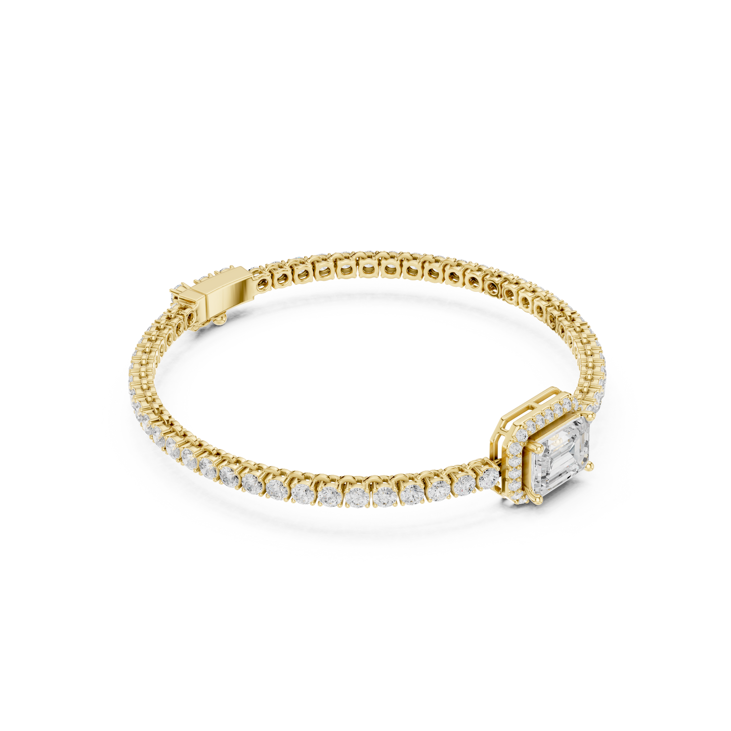 6.19CTW Emerald Cut Diamond Halo Tennis Bracelet - Yellow Gold
