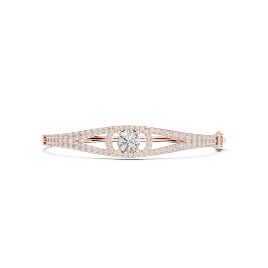 3.02 Carat Round Diamond Solitaire Halo Hinged Bangle - Yellow Gold