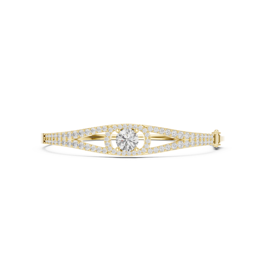 3.02 Carat Round Diamond Solitaire Halo Hinged Bangle - Yellow Gold
